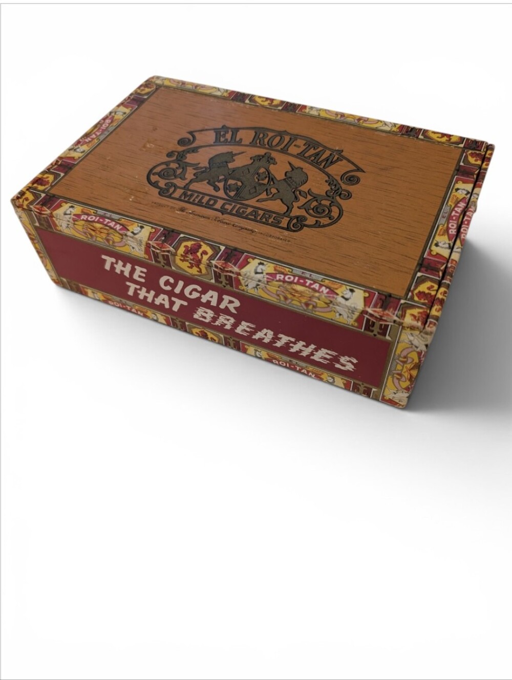 VINTAGE Roi-Tan Cigar Box Decorative Red Yellow Brown Storage Container Y2K